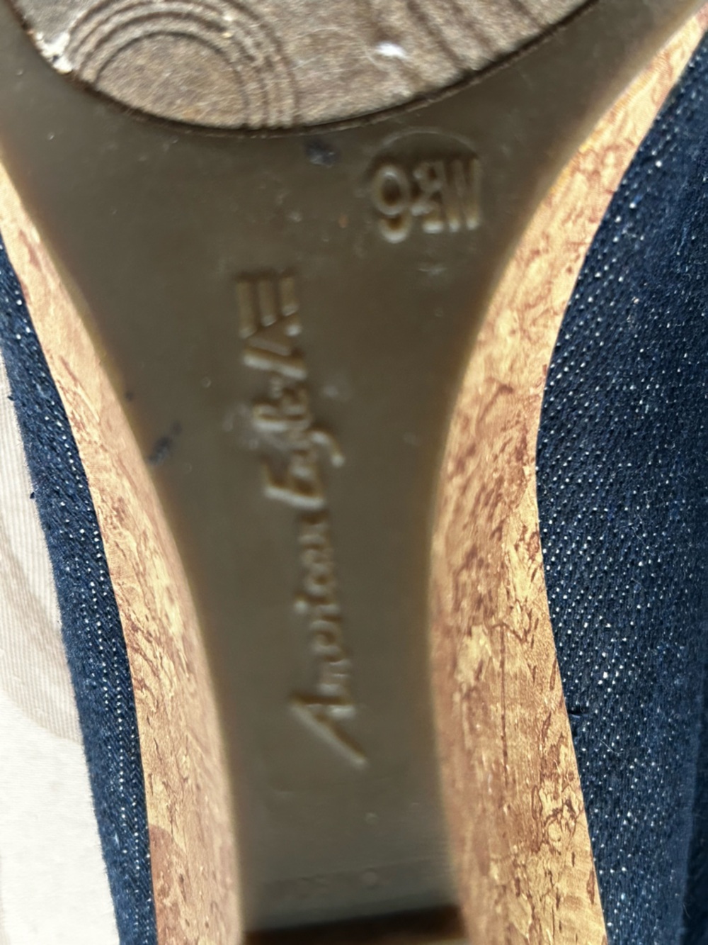 American Eagle Women’s 9.5 Navy Denim Peep-Toe Knot Cork Wedge Heels Shoes - Picture 7 of 10